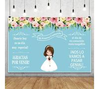Renaiss 1.8x1.2m Niñas Primera Comunión Telón de Fondo Dios Bendiga el Bautismo Flores Azul Fotografía Fondo Recién Nacido Primera Comunión Fiesta Decoraciones Vinilo Foto Estudio Atrezzo