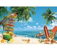 Renaiss 1.8x1.2m Playa Tropical Fondo costero Hoja de Palma Hawaiana Cielo Azul Nubes Blancas Fondo de fotografía Baño de bebé Fiesta de cumpleaños Banner Accesorios de Estudio Vinilo