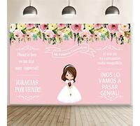 Renaiss 1.8x1.2m Primera comunión Bandera de decoración de Fiesta para niñas Flor Rosa Fondo Fiesta de Bautismo Recién Nacido Bebé Niños Cumpleaños Banner de Mesa de Pastel Accesorios para Fotos