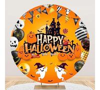 Renaiss 2.1 x 2.1 m Trick or Treat Round Background Happy Halloween Circle Background Haunted Castle Devil Pumpkin Balloons Ghosts Candy Halloween Eve Scary Party Decoration Arch Photo Booth Props