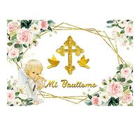 Renaiss 2.2x1.5m Fondo de Bautismo Floral Rosa y Dorado Bebé niña Español Mi Bautizo Fotografía Fondo Primera Comunión Banner Decoración Baby Shower Fiesta de cumpleaños Foto Props