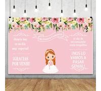 Renaiss 2.2x1.5m Fondo De Primera Comunión Para Niñas Dios Bendiga El Bautismo Fondo De Fotografía Rosa Flores Pancarta decorativa para fiesta de comunión recién nacida Accesorios para fotos de vinilo
