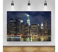 Renaiss 2.2x1.5m Fondo fotográfico con Vista Nocturna de la Ciudad Fondo de Paisaje de la Ciudad de Nueva York Monumento Famoso Americano Riverside Rascacielos Accesorios de Estudio