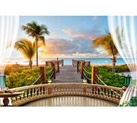 Renaiss 2.2x1.5m Hawaiian Seaside Sunset telón de Fondo Verano Playa Palmeras telón de Fondo balcón Puente de Madera barandilla fotografía Fondo Boda Fiesta decoración Viaje Foto Estudio Props