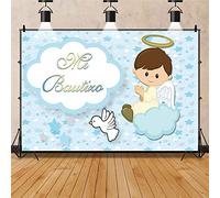 Renaiss 2.2x1.5m Mi Comunión Telón de Fondo para niños Ángel Azul Fondo de fotografía Recién Nacido Cumpleaños Decoración de Fiesta de Bautismo Banner de Mesa de Pastel Accesorios para Fotos