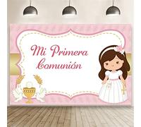 Renaiss 2.2x1.5m Mi Primera Comunión Telón de Fondo para niñas Rosado Fondo de fotografía Cumpleaños Decoración de Fiesta de Bautismo Baby Shower Banner de Mesa de Pastel Accesorios para Fotos