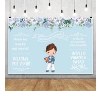 Renaiss 2.5x1.8m Fondo de Primera comunión para niños, Dios bendice Las Flores Fondo de fotografía Azul decoración para Fiesta de Bautismo de recién Nacido Accesorios de fotografía de Vinilo