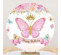 Renaiss 2m Feliz cumpleaños Mariposa Telón De Fondo Redondo Rosa Floral Oro Poliéster Fondo de fotografía Baby Shower Decoración de Fiesta de cumpleaños para niñas Accesorios para Fotos