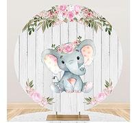 Renaiss 2x2m Elefante Telón De Fondo Redondo Tabla de Madera Flor Rosa Poliéster Fondo de fotografía Baby Shower Cabrito Niñas Decoración de Fiesta de cumpleaños Mesa de Pasteles Foto de Apoyo