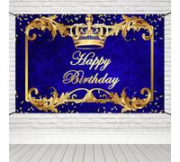 Renaiss Cartel de feliz cumpleaños de 6 x 3.5 pies, decoración de fiesta de cumpleaños de príncipe, corona dorada, suministros de fiesta de cumpleaños, azul real y dorado, para niños, hombre,
