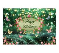 Renaiss Pancarta de fondo de feliz cumpleaños de 7 x 5 pies, diseño de jardín encantado de primavera, cuento de hadas verde, país de las maravillas, fondo de fotografía, flores de rosa, mariposa,