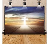 Renaiss Telón de fondo de cruz de luz sagrada de 8 x 6 pies para sesión de fotos de niños, retrato cristiano, bautizo, paraíso, nubes rosadas, camino al cielo, fondo de fotografía, accesorios para