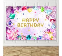 Renaiss Telón de fondo de cumpleaños de 7 x 5 pies para ella, She is a Gem Birthday Photography Background Happy Birthday Banner Jewel Diamond Crystal Princess Girls Kids Birthday Party Decor Photo