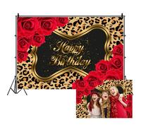 Renaiss Telón de fondo de feliz cumpleaños para fotografía, 8 x 6 pies, flores de rosa roja y fondo estampado de leopardo para mujer, decoraciones de fiesta de cumpleaños, fondos de vinilo para fotos
