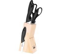 Renberg Dresde - Juego De 5 Cuchillos - Acero Inoxidable - Cuchi Chef 18 cm - Cuchi De Pan 20 cm - Cuchi Multiusos 12.5 cm - Cuchi De Pelar 8.75 cm - Tijeras - Mango Negro - Bloque De Madera