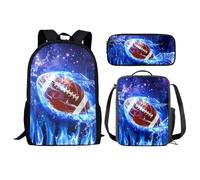 Renewold Juego de 3 mochilas para estudiantes con fiambrera, estuche para lápices para preescolar, primaria, escuela secundaria, niñas y niños, Balón de fútbol Blue Flame, Talla única, Mochilas de día