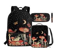 Renewold Juego de 4 mochilas para niños, bolsa de almuerzo aislada, estuche para lápices, correa de muñeca, llavero, suministros de vuelta a la escuela, Mushroom rojo, mariposa, luna, Talla única,