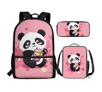 Renewold Juego de mochila escolar de 3 piezas con fiambrera, estuche para lápices, mochilas para niñas de 6 a 18 años, bolsa de almuerzo portátil, estuche multifuncional, Lindo panda, Talla única