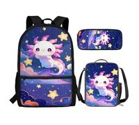 Renewold Juego de mochila escolar de 3 piezas con fiambrera, estuche para lápices, mochilas para niñas de 6 a 18 años, bolsa de almuerzo portátil, estuche multifuncional, Bonito ajolote, Talla única