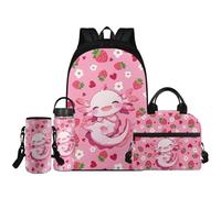 Renewold Juego de mochila escolar de 4 piezas, botella de agua aislada, bolsa de almuerzo portátil, soporte para botella de agua con correa, mochilas para niños de 6 a 18 años, Axolotl de fresa, Talla