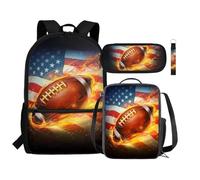 Renewold Mochila para niños, bolsa de almuerzo aislada, estuche para lápices, llavero con cordón para la muñeca, juego 4 en 1, suministros de vuelta a la escuela, Fútbol americano con bandera, Talla