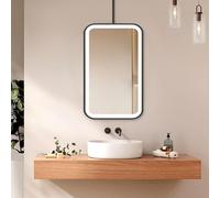 Renmlion Black Bathroom Mirror with LED Lights，Rounded Rectangle Metal Framed Mirror Ceiling Hanging Mirrors，Wall-Mounted Vanity Mirrors for Bedroom Living Room Entryway(50cmx70cm)