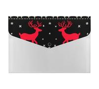 Reno rojo, fondo negro, patrón de Navidad, copos de nieve, árboles, flores, borde, diseño, 1 organizador de archivos multibolsillo, carpeta de acordeón expandible para almacenamiento portátil de