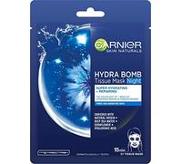 Garnier Moisture Bomb Night Time - Mascarilla de agua de mar profundo y ácido hialurónico, hidratante y reponedora, tejido biodegradable y vegano, rosa, 28 g, paquete de 1