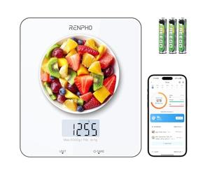RENPHO Bascula Cocina, Báscula Inteligente para Alimentos con App Calculadora Nutricional, Peso de Cocina para Hornear y Cocinar, Función de Tara, Peso Hasta 5 kg (1g Exacto)