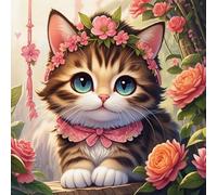 Renqidian Kit de Pintura de Diamantes 5D Gato con flores DIY Adultos y Niños Diamantes Cristal Artes Bordado Decoración de La Pared Del Hogar 50x50 cm