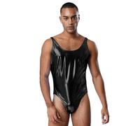 renvena Body brillante para hombre, sin mangas, leotardo con cuello en U, mono para danza, deporte, yoga, Negro , XL