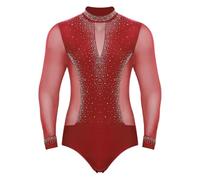renvena Body de baile para hombre, camisa latina, body de manga larga, leotardo, con purpurina, rumba, tango, baile de competición, rojo, XL
