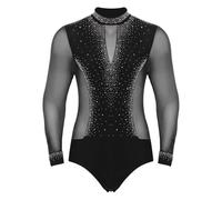 renvena Body de baile para hombre, camisa latina, body de manga larga, leotardo, con purpurina, rumba, tango, baile de competición, Negro , XL