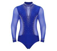 renvena Body de baile para hombre, camisa latina, body de manga larga, leotardo, con purpurina, rumba, tango, baile de competición, azul, XL
