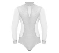 renvena Body de baile para hombre, camisa latina, body de manga larga, leotardo, con purpurina, rumba, tango, baile de competición, Blanco, XL