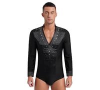 renvena Camiseta de baile latino para hombre, manga larga, con cuello en V, con purpurina, camiseta de baile, traje de danza, Negro , XL