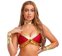 renvena Disfraz de diosa egipcia para mujer, camiseta de tirantes corta brillante, parte superior con pulsera, fiesta temática, cosplay, carnaval, disfraz de burdeos, XL