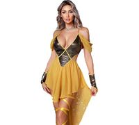 renvena Disfraz de reina egipcia para mujer, corto, de gasa, con pulseras, ropa de dormir, Halloween, carnaval, disfraz amarillo, XL
