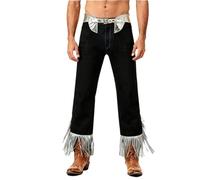 renvena Pantalones de vaquero metálicos para hombre, largos, con borlas, dobladillo vintage, disfraz occidental, carnaval, plata, XL