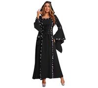renvena Vestido largo para mujer, estilo vintage, con cordones, con capucha, steampunk, renacentista, disfraz de Halloween, carnaval, fiesta temática, color negro, talla 3XL