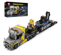 Reobrix Juego de construcción de camión remolque resistente, 1404 piezas | Camión remolque resistente de 1404 piezas con tractor desmontable, carretilla elevadora, grúa, cabina de dirección y rampas