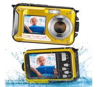 Reomdara Cámara Digital Impermeable, Cámara Submarina HD 2.7K 48MP con Doble Pantalla para Buceo 3M para Nadar, Zoom Digital 16X Anti-Vibración, Amarilla