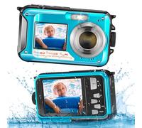 Reomdara Cámara Digital Impermeable, Cámara Submarina HD 2.7K 48MP con Doble Pantalla para Buceo 3M para Nadar, Zoom Digital 16X Anti-Vibración, Azul