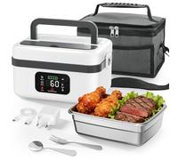 Reomdara Fiambrera Eléctrica Sin Cables 1L con, 60W almuerzo caja calefactora con calefacción programable, Pantalla LED Calentador de Comida Portátil con Cuchara Tenedor & Bolsa（blanco y gris）