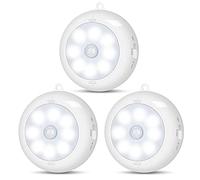 Reoshine Luz de sensor de movimiento interior, luces LED de noche, luces debajo del gabinete, luces AA con pilas de disco inalámbrico para pared, escalón, escalera, regulable (paquete de 3)