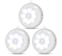 Reoshine Luz de sensor de movimiento interior, luces LED de noche, luces debajo del gabinete, luces AA con pilas de disco inalámbrico para pared, escalón, escalera, regulable (paquete de 3)