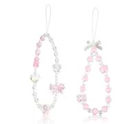 Reownest 2 pulseras con dije para teléfono, bonito lazo de gato Y2K, corazón y perlas de cristal, correa de teléfono con cuentas para teléfono, cadena estética, llavero, correas de muñeca para