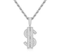 RepaTime Collar de plata con signo de dólar para hombre con circonita cúbica completa, cadena de cuerda de acero inoxidable, cadena de dinero helada, cadena de dinero, regalo de joyería de rapero