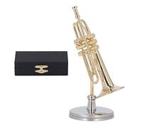 Réplica en miniatura de trompetista con soporte y estuche Modelo de instrumento chapado en oro Adornos musicales Miniatura de latón Mini para decoración de estantería de escritorio (2.56in)