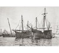 Réplicas de barcos La Niña y La Pinta. Los buques originales tipo carabela fueron utilizados por Cristóbal Colón en su primer viaje transatlántico en 1492. De La Ilustración Artistica publicado en